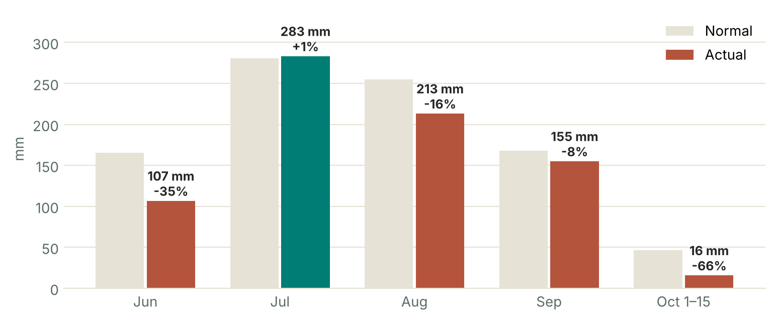All-India monthly rainfall, actual vs normal: June 107 mm (−35%), July 283 mm (+1%), August 213 mm (−16%), September 155 mm (−8%), 1–15 October 16 mm (−66%)