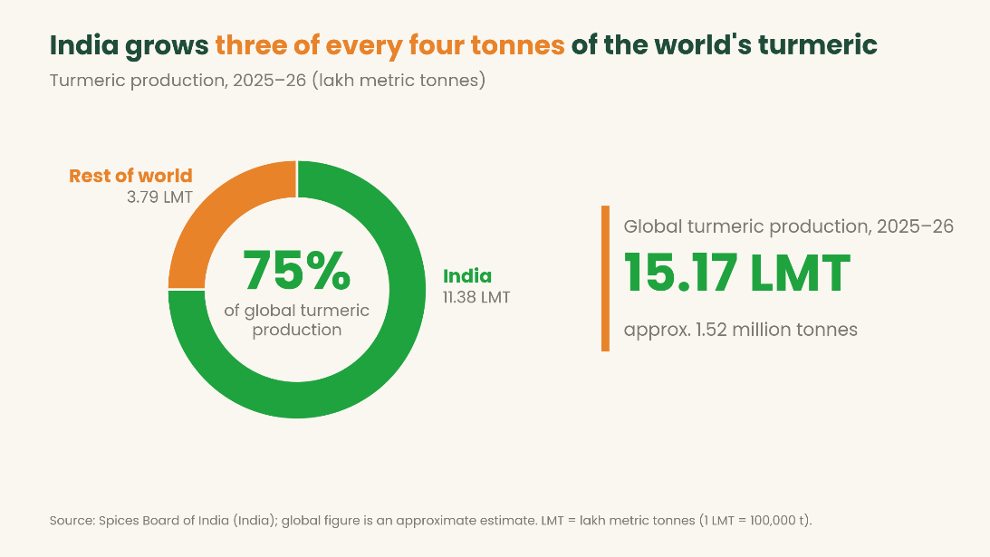 India grows three of every four tonnes of the world’s turmeric: 11.38 lakh MT of 15.17 lakh MT global production in 2025–26