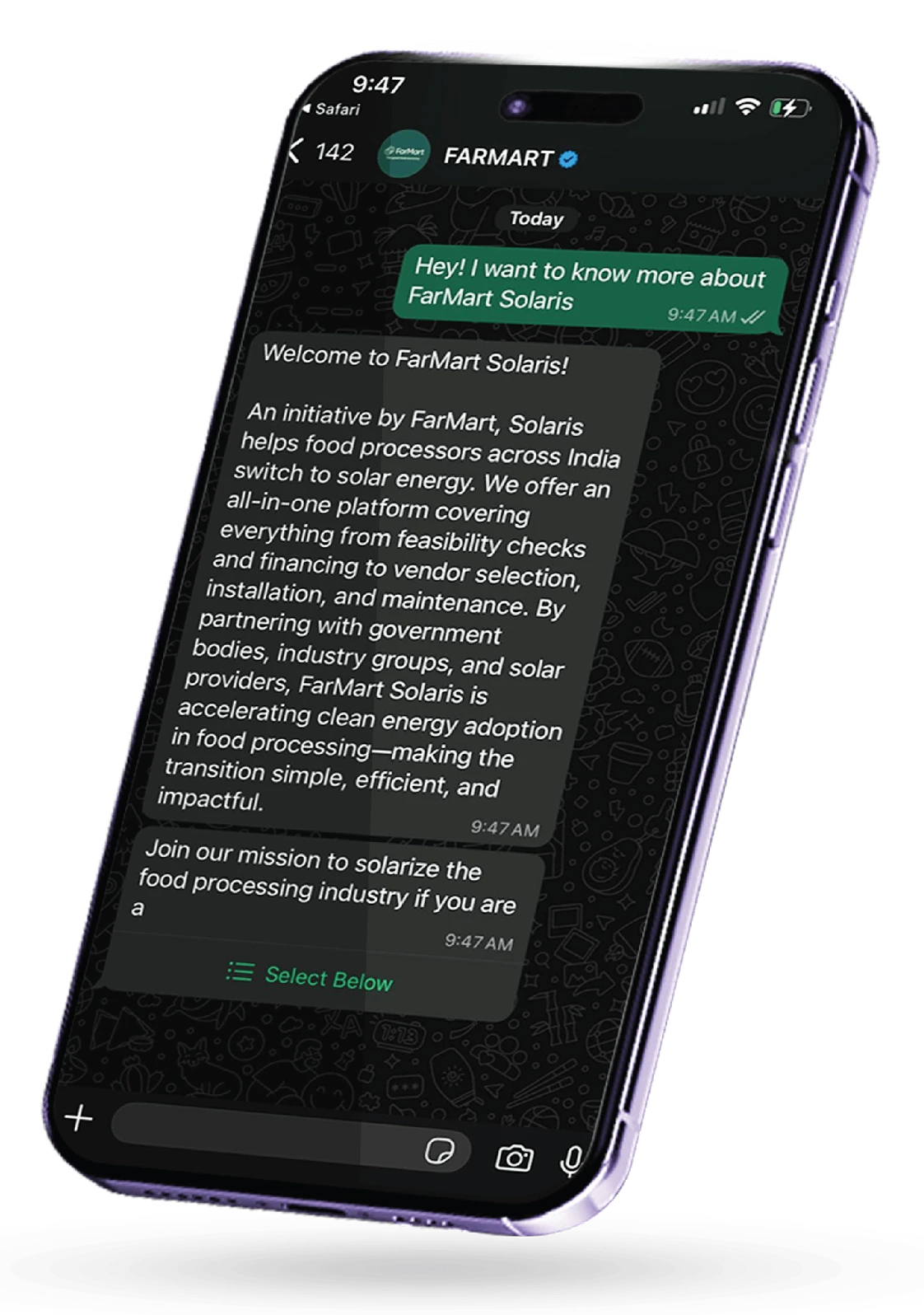 Phone mockup showing WhatsApp, used to message FarMart about solar for your food processing facility